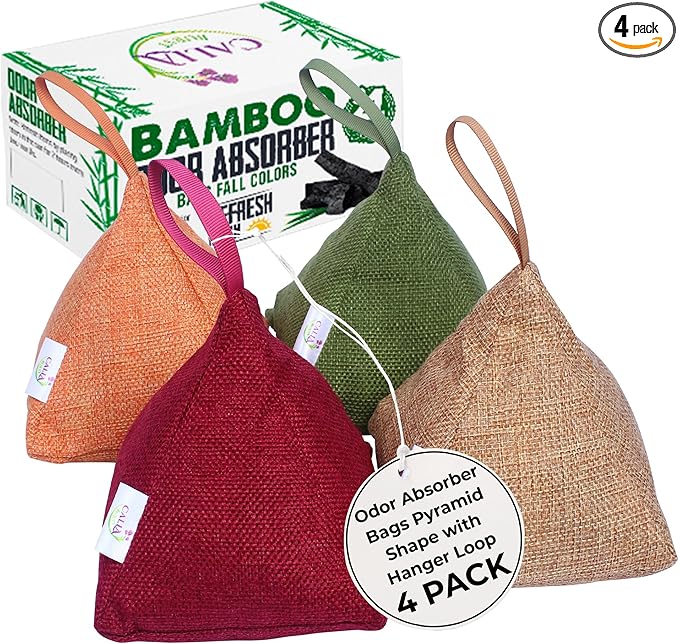 4 Pack Bamboo Charcoal Air Purifier Bags 200 Grams Each - Activated Charcoal Odor Absorber for Car Pets &amp Closet - Natural Freshener for Home Eco-Friendly &amp Reusable Charcoal Bags (Fall Colo