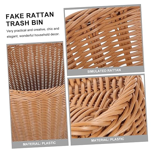 Woven Wastebasket Rust-Resistant Iron Handcrafted Faux Rattan Design Round Trash Bin for Office Home and Guest Rooms