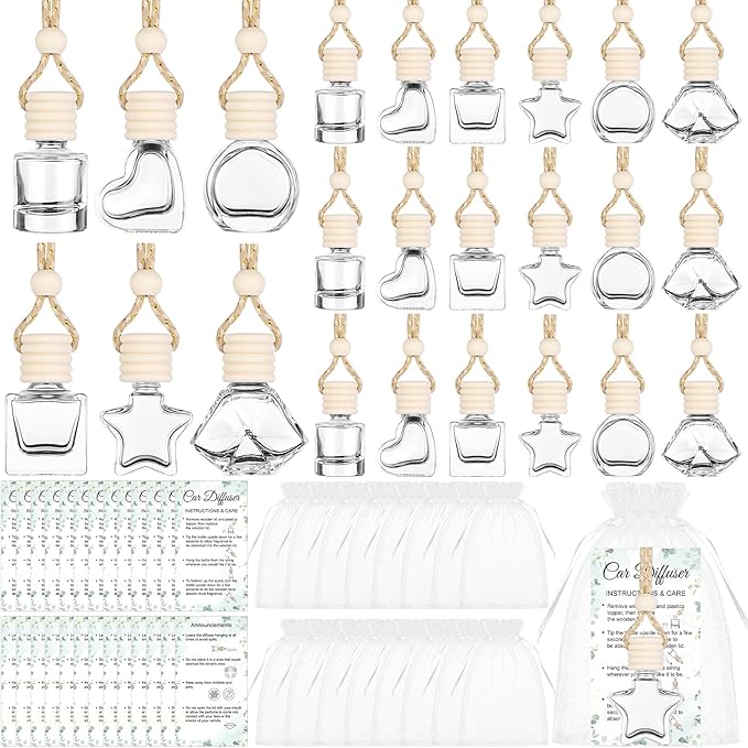 48 Sets Hanging Car Air Freshener Diffuser Bottles Bulk with Car Diffuser Instructions Car Card Empty Glass Essential Oil Diffuser Bottles Fragrance Perfume Pendant Bottle for Staff Employee