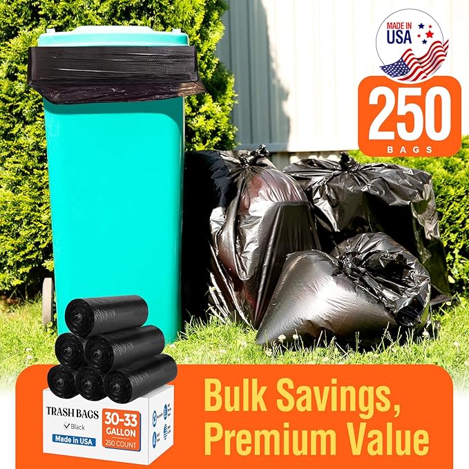 Delxo 30-33 Gallon Trash Bags 250 Count – Medium Duty Garbage Bags Thick Durable &amp Puncture-Resistant Plastic Bolsas para basura Perforated Design– Made in USA for Kitchen Yard Office (Black