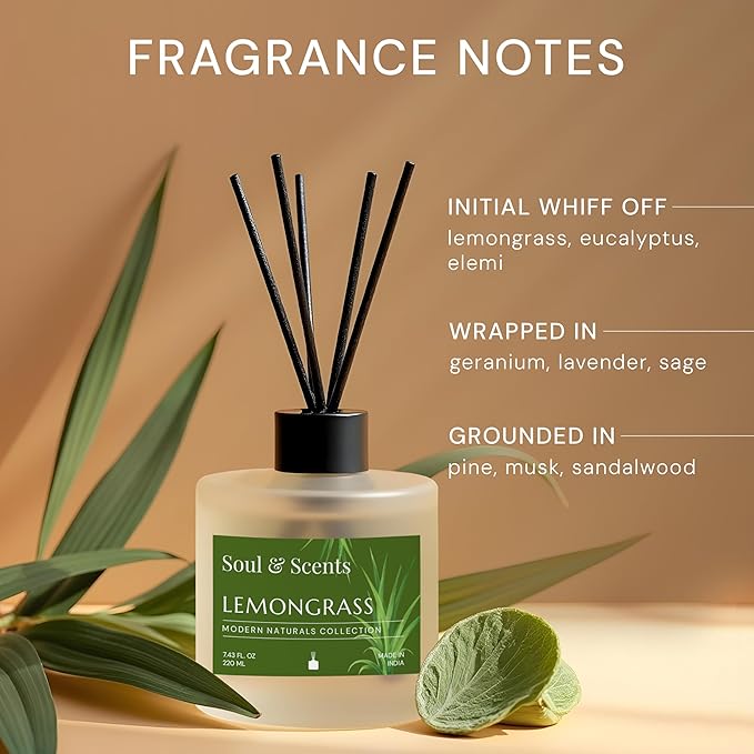Soul &amp Scents Reed Diffuser Set – Lemongrass | 7.43 oz Refillable Scented Oil with 6 Fiber Sticks | Long-Lasting Home Fragrance &amp Air Freshener for Bedroom Bathroom Office | Gift &amp Décor