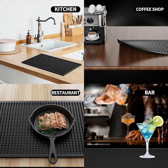 WAFT YEARN 18inX12in Bar Mat Dish Drying Mat Cocktail Service Spill Mats Bartending Countertop Kitchen Coffee Bar Silicone Non Slip Durable Flexible Absorbent Spill Resistant Rubber Heavy Duty Black