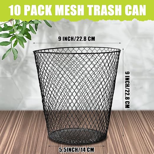 10 Pack 9 inch Round Waste BasketWire Mesh Desk Metal Trash Garbage Can Wastebasket Recycling Black Trash Bins Garbage Container for Bedroom Office School Kitchen Home Living Room Bathroom