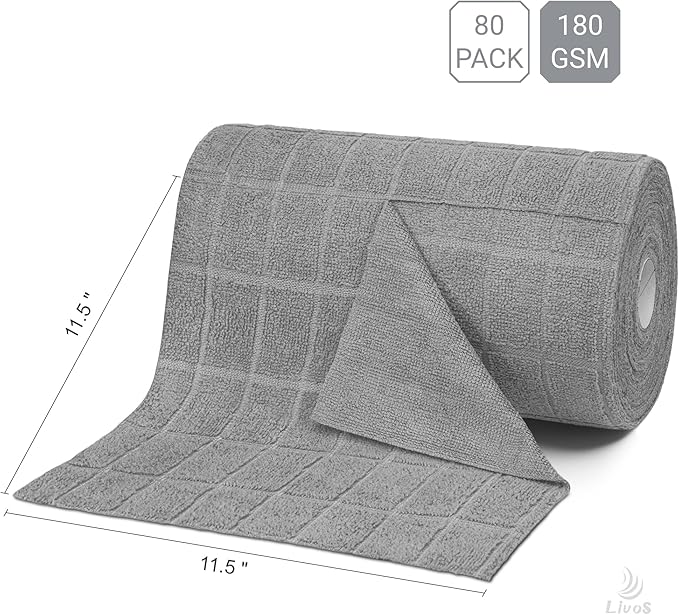 LIVOS Microfiber Cleaning Cloth Roll - 80 Pack Reusable Paper Towels Microfiber Towels for Cars Super Absorbent Lint Free Cleaning Rags for House Kitchen Window-Check Grey 11.5x11.5