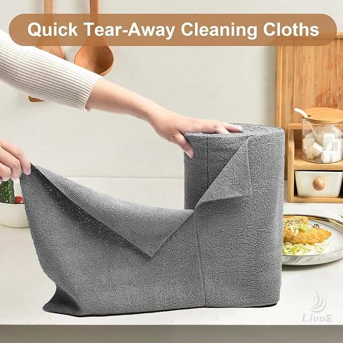 LIVOS Microfiber Cleaning Cloth Roll - 80 Pack Reusable Paper Towels Grey Tear Away Microfiber Towels for Cars Super Absorbent Lint Free Cleaning Rags for House Kitchen Window-11.5x11.5