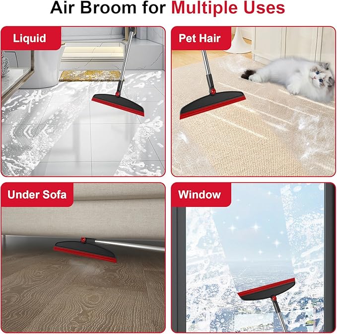 Broom with Dustpan Combo Set and Silicone Air Broom Kit 51 Long Handle Floor Squeegee Red Household Kit for Glass Window Rugs Pet Hair Home