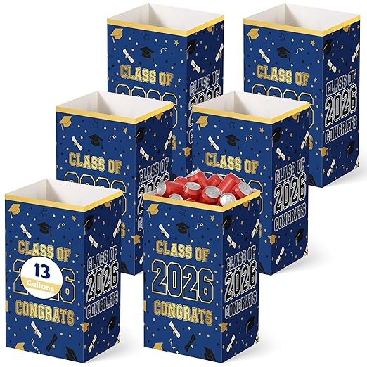 Tinlade 6 Pack 2026 Blue and Gold Graduation Decoration 13 Gallon Disposable Trash Cans Class of 2026 Party Garbage Bins Large Waterproof Foldable Recycle Pop up Bins for Graduation Party School