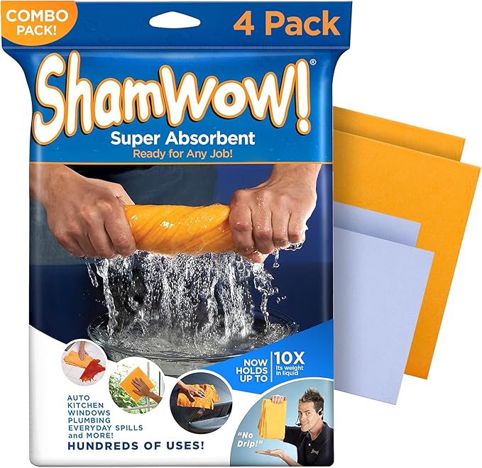 ShamWow Original Super Absorbent Multi-Purpose Cleaning Shammy Chamois Towel Cloth - Holds 10X its Weight in Liquid - Machine Washable - Will Not Scratch (4 Pack: 2 Large Orange &amp 2 Small Blue).
