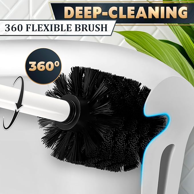 Stainless Steel Toilet Brush and Holder Set White - Long Handle Toilet Bowl Cleaner Brush and Holder - Removable Inner Liner Shiny Design Splash Protection &amp Dense Bristles for Bathroom Cleaning