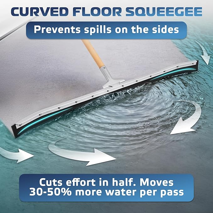 DSV Standard Curved Floor Squeegee 36’’ Rubber Blade Garage Squeegee Taper Pole Connection - Handle Sold Separately for Tiles Concrete and Asphalt
