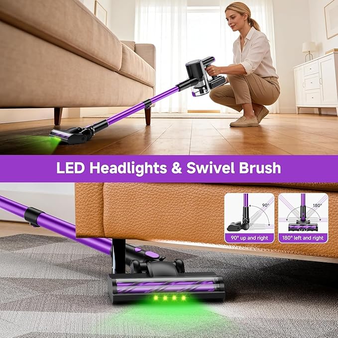 Cordless Vacuum Cleaner 500W/40Kpa Vacuum Cleaners for Home Stick Vacuum Cordless with LED Display Anti-Tangle &amp Wall Mount 8 in 1 Lightweight Vacuum for Hard Floors Pet Hair(Purple)