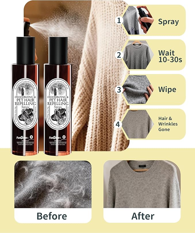 FurGone by Seedshub Pet Hair Repelling Spray Odor Neutralizer | Anti-Static Wrinkle Release Pet-Friendly Botanical Sprays for Clothing and More Pine Nut Scent Up to 2800 Sprays 6.76oz (2 Pack)