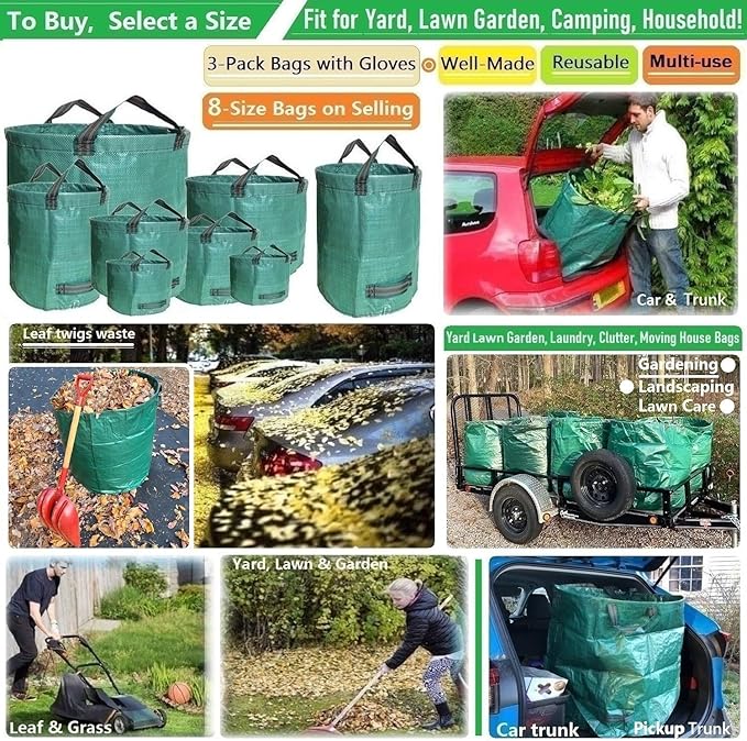 Professional 3-Pack 80 Gallons Lawn Garden Bags (D26H33 inch) Reusable Yard Waste Bags with Gardening Gloves for Leaf BagGarden PruningPatio Trash ContainerLawn WeedsGrass Clippings Bag 4 Handles