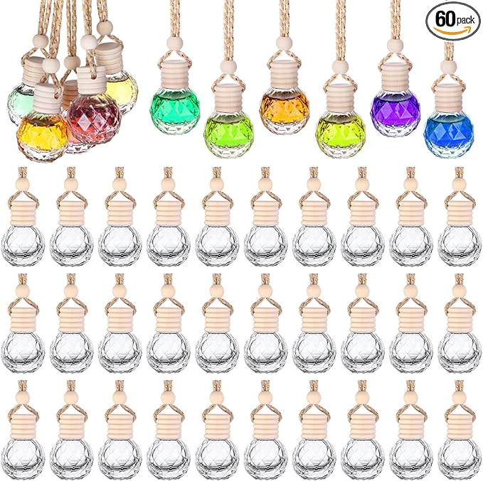 60 Pcs Hanging Car Air Freshener Car Diffuser Bottle Empty Glass Perfume Bottles Air Freshener Diffuser Bottle Pendant for Essential Oils Fragrance Aromatherapy Ornament Decor (Round Diamond)