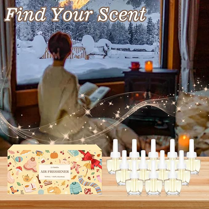 Plug In Air Freshener Refills 12ct Vanilla Almond Biscuit Cashmere Wood Fresh Cut Fraser Fir &amp First Snowfall – Wall Plug In Refill for Home –Compatible with Air Wick &amp Glade Not for Glad
