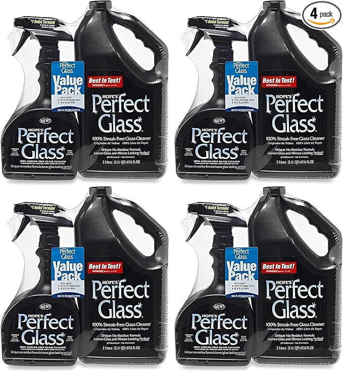 HOPE'S Perfect Glass Cleaner Streak-Free Ammonia-Free Window Mirror Screen and Shower Door Cleaner Indoor and Outdoor Glass Surfaces 32 Fl Oz Spray Bottle and 67.6 Fl Oz Refill Pack of 4