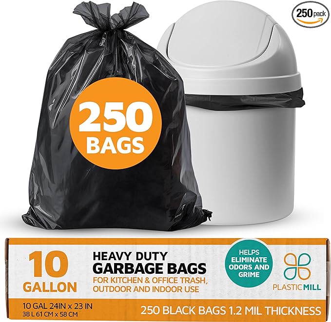 PlasticMill Heavy Duty Trash Bags - Black Garbage Bags - Plastic Trash Bags - Kitchen Bathroom Office Garbage Bags Trash Can Liners - 7-10 Gallon Small Trash Bags 1.2 Mil 24x23 (250-Count)