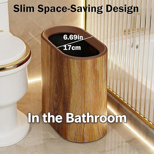 Trash Can for Bathroom 3.7 Gal Plastic Marble Wood Pattern Small Office Garbage Can for Bedroom Kitchen Slim Trash Bin Waste Basket Decorative Modern Trashcans (Plastic Wood Pattern)