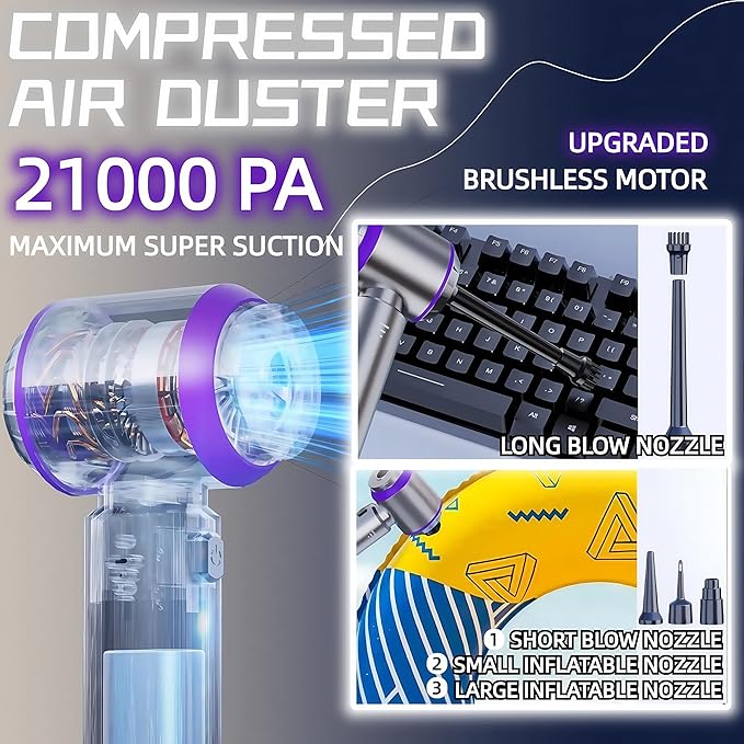 Handheld Car Vacuum Cleaner 21000PA Rechargeable High Power Cordless Mini Vacuum Cleaner and Blower 4-in-1 with 3 Gear Vacuum with Brushless Motor for Car Home Office PC