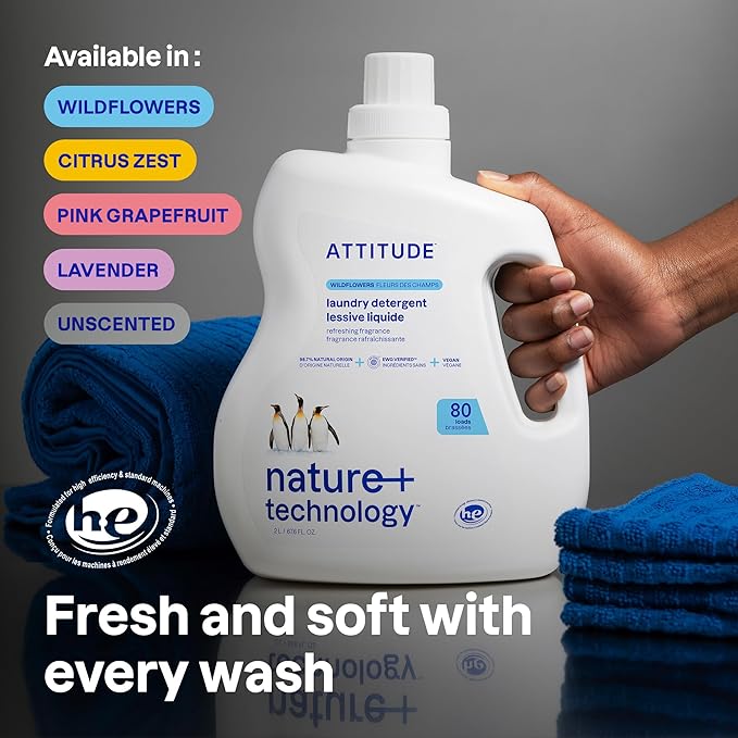 ATTITUDE Liquid Laundry Detergent EWG Verified HE Compatible Plant-Based &amp Vegan Natural Laundry Soap Unscented 80 Loads 67.6 Fl Oz
