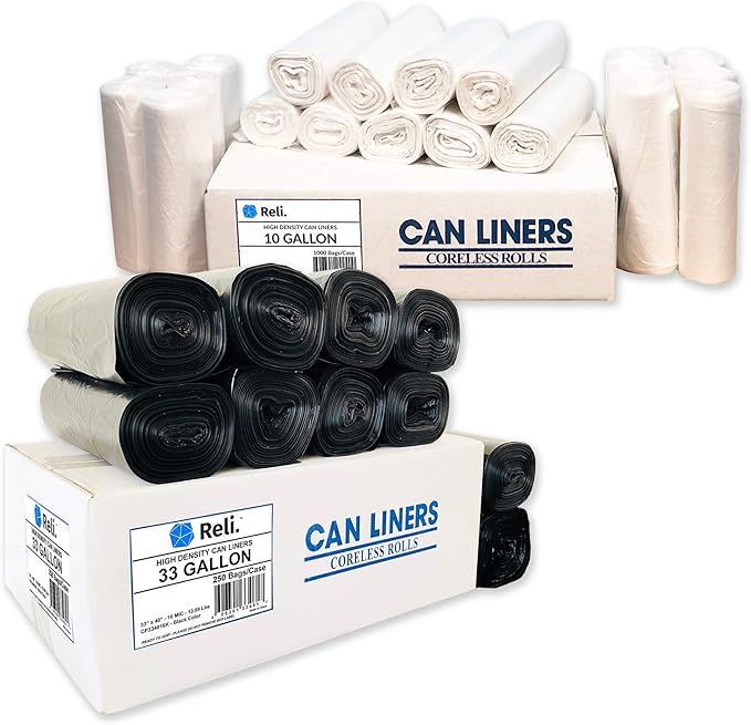Reli. 33 Gallon Trash Bags (250 Bags) &amp 6-10 Gal Trash Bags (1000 Bags)