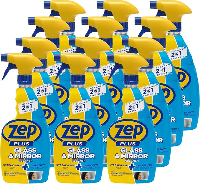 Zep Plus Glass &amp Mirror Cleaner - 32 Oz. (Case of 12) - R53812 - Keep Your Mirror and Glass Surfaces Clear + Streak-free While Also Preventing Mirror Fog…