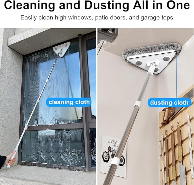 CTIME 78'' 3 in1 Professional Window Squeegee &amp Wall Mop : Window Cleaning Kit with 360° Rotating Triangular Head &amp Universal Cloth Slots (Includes 3 Reusable Pads)