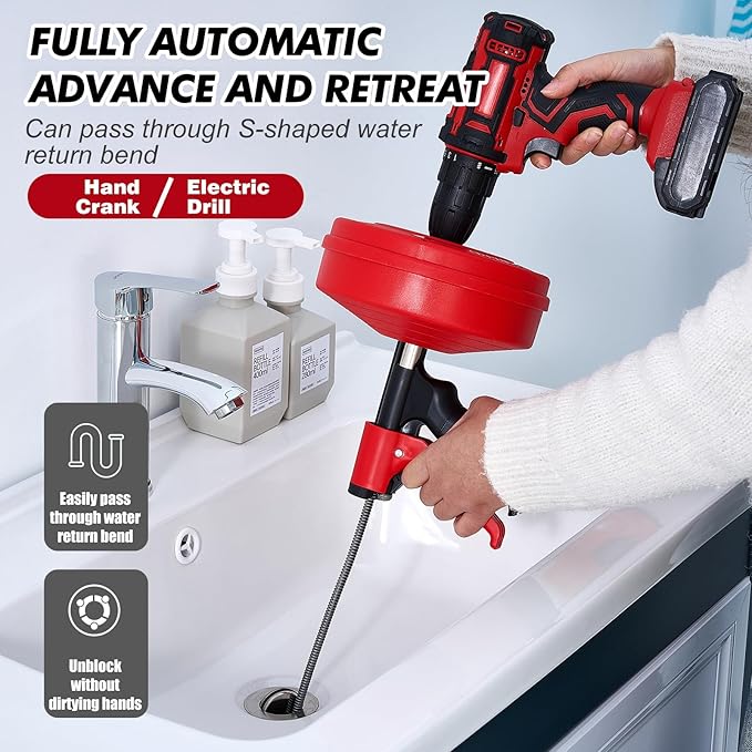 Drain Auger 16 Ft with Gloves Flexible Plumbing Snake Drain Auger Hair Clog Remover for Shower Bathtub Drain Bathroom Sink Kitchen Cleaning