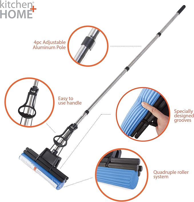 Kitchen + Home PVA Sponge Roller Mop - 11 Quadruple Roller All Purpose Floor Cleaner