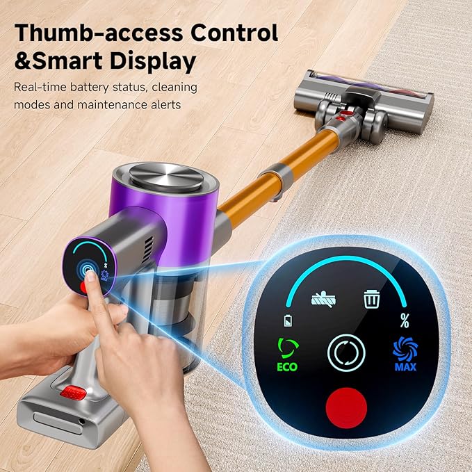 KIKETECH Cordless Vacuum Cleaner with Self-Standing Lightweight Powerful Suction VacuumLED Screen Stick Vacuum Cleaners for Home for Pet Hair Carpets Hardwood Floors (Light Yellow)