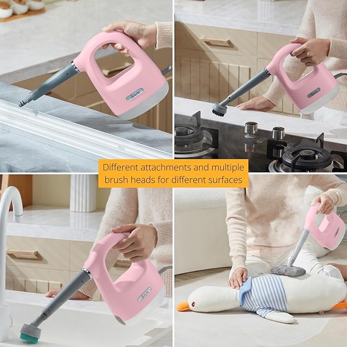 SALAV® CleanSteam Compact Steam Cleaner Pressurized Multi-Surface Handheld Steamer w/11pc Accessories Safety Lock No-Drip Fast Heat Time Unlimited Use for Cleaning Windows Tiles Grout Car (Pink)