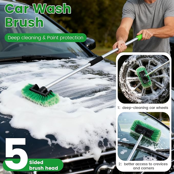 Car Wash Brush with Long Handle 60'' Soft Bristle Cleaning Brush Car Cleaning Brushes Carwash Brushes for SUV RV Boat Truck House Siding Sweep Snow Green