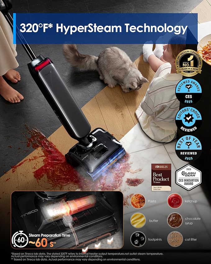 Tineco Floor One S9 Artist Steam Wet Dry Vacuum Cleaner High-Temp Steam Cleaning 22kPa Suction 360° SmoothDrive Anti-Tangle Design 185°F Flashdry Long Runtime 180° Lay-Flat