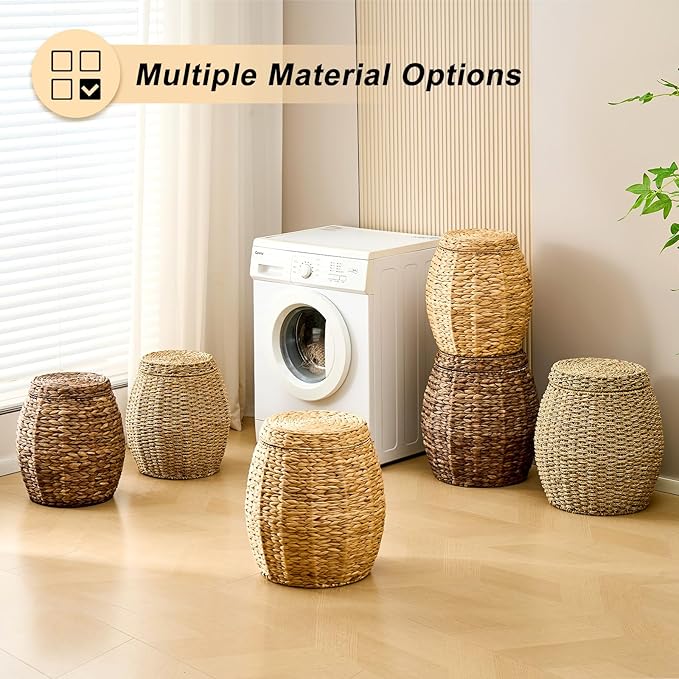 Round Wicker Basket with Lid Handwoven Water Hyacinth Storage Basket Blanket Organizer Basket for Laundry Bathroom Bedroom Living Room Office