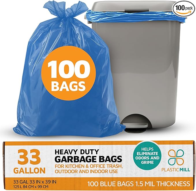 PlasticMill Heavy Duty Trash Bags - Blue Garbage Bags - Plastic Trash Bags - Tall Trash Bags Trash Can Liners - 33-Gallon Large Kitchen Trash Bags 1.5 Mil 33x39 (100-Count)