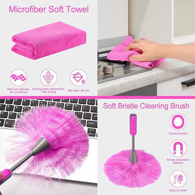 Microfiber Dusters for Cleaning Feather Dusters with Extension Pole Bendable &amp Washable Dusters for High Ceiling Fan Blinds Cars Furniture Cleaning Tools Kit Pink Gift for Women (15 PCS)