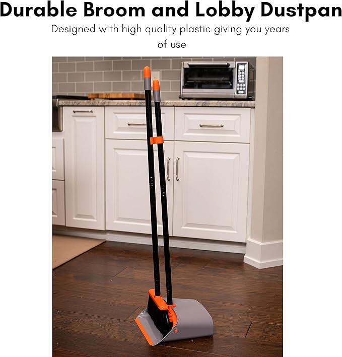 BirdRock Home Broom and Dustpan Set - Lobby Dust Pan - Orange and Grey Durable Set - Indoor or Outdoor - Sweep Combo Great for Kitchen Home Garage and Office - Clip On Self Cleaning Bristles