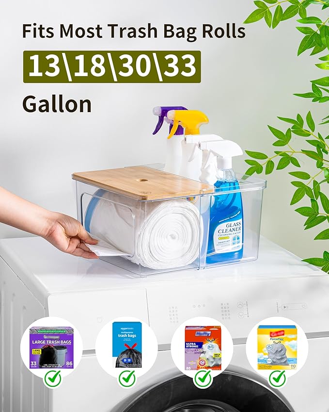Trash Bag Dispenser Dishwasher Pod Holder - 5 in 1 Plastic Garbage Bag Under Sink Organizer Acrylic Dryer Sheet Balls Laundry Pods Container with Bamboo Lid Pantry Organizers and Storage Box
