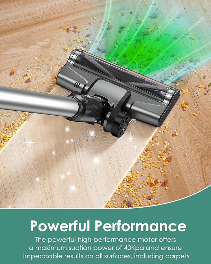 Cordless Vacuum Cleaner 500W/40KPA Lightweight Stick Vacuum up to 40 mins Runtime LED Display and Green Headlights 6-Stages Filtration Self-Standing Vacuum for Home Hard Floor Carpet and Pet Hair