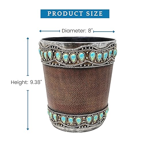 Decorative Resin Faux Leather Small Wastebasket with Turquoise Gem - Southwestern Rustic Trash Bin for Bathroom Bedroom and Kitchen - Small Decorative Wastebasket for Home or Office Décor