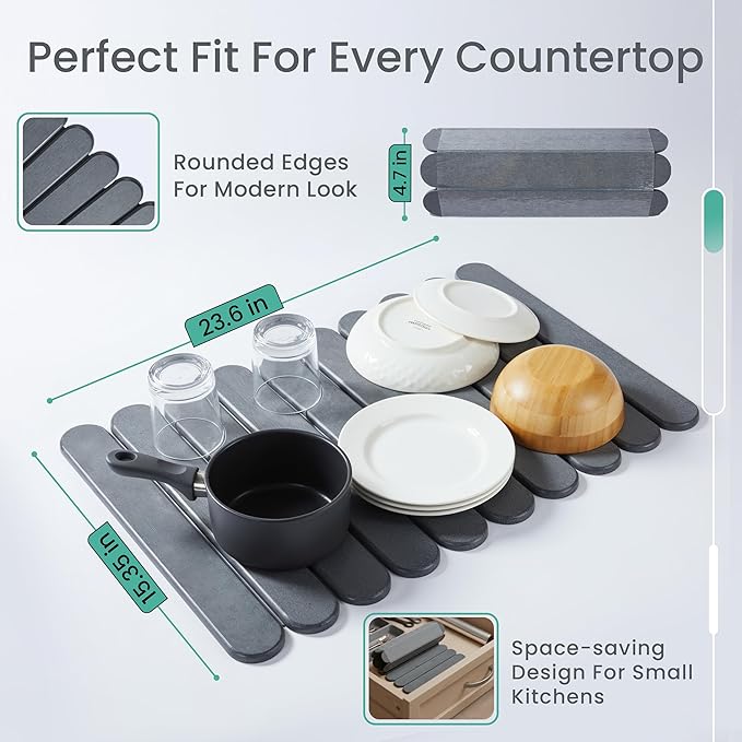 Stone Dish Drying Mat for Kitchen Counter 23.6”(L) x 15.3”(W) Collapsible Eco-Friendly Diatomaceous Mat Non Slip Quick Dry – Grey Mat for Dishes Bottles &amp Cups Matches Any Countertop