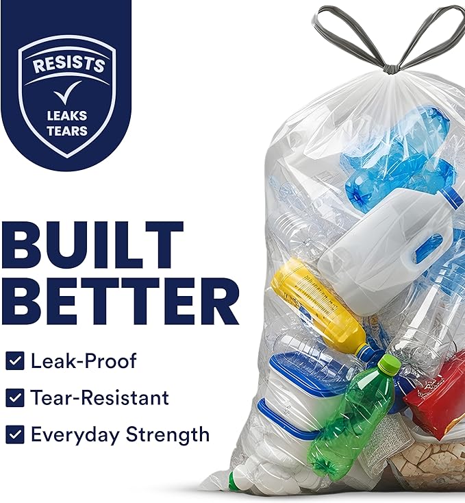 Plasticplace 13 Gallon Trash Bags │ 1.0 Mil │ Clear Extra Tall Drawstring Garbage Can Liners │ 24 x 31 (200 Count)