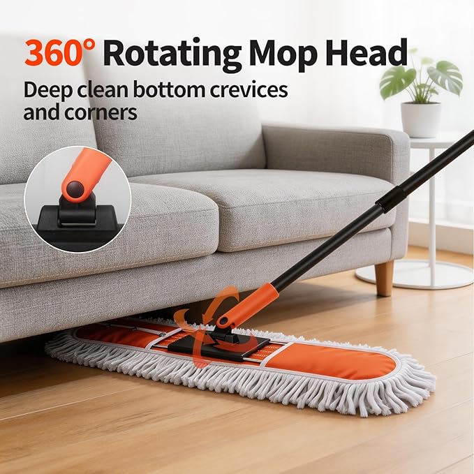 36 Large Commercial Dust Mops for Industrial Floor Marble LaminateTileConcreteGarage. Janitor Broom Wide Dry mop for Hardwood Heavy Duty Long Handle Hotel Gym Household Cleaning Supplies