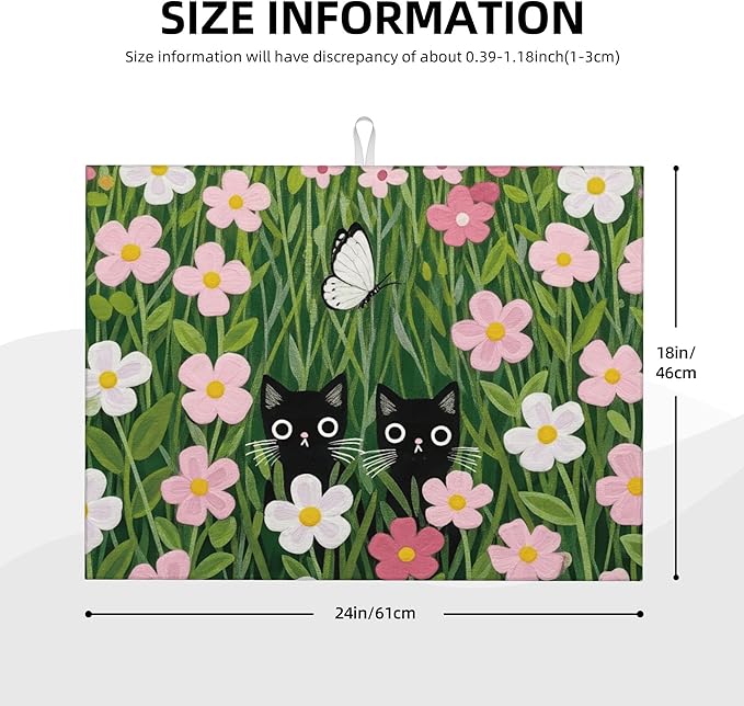 Pink Floral Cat Dish Drying Mat for Kitchen Counter 18x24 Microfiber Absorbent Fast Dry Mat 2Pcs Dish Mat Faucet Mats Sets Large Drying Kitchen Mat Kitchen Drying Pad Coffee Bar Decor Gifts