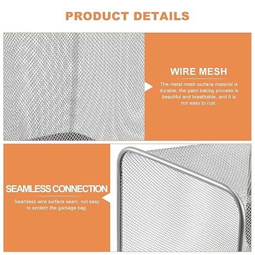 Metal Office Trash Can Small Square Silver Iron Mesh Waste Basket Bottom Paper Bin for Bathroom Bedroom Kitchen Living Storage