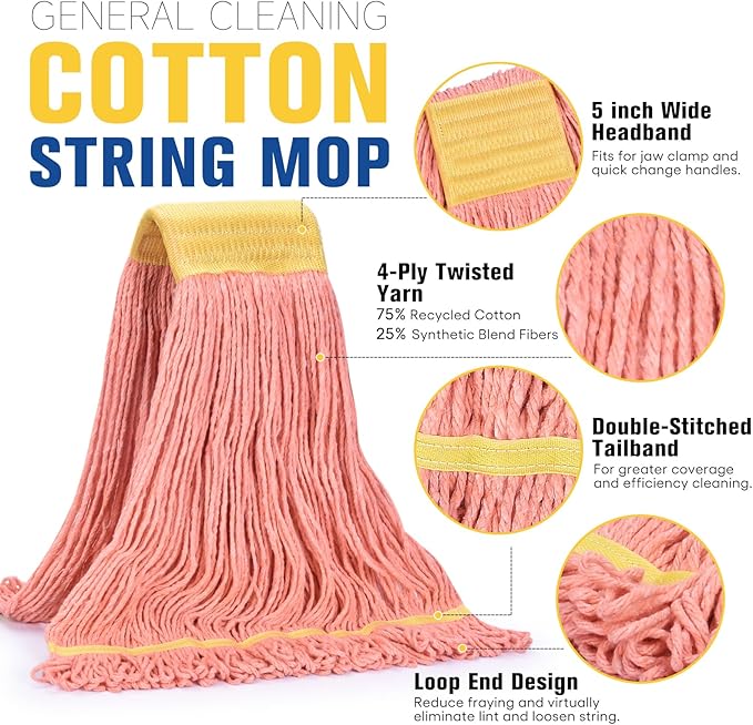 Matthew Cleaning Commercial Mop Head Replacement 5 Inch Wide Headband Looped End Cotton Blend String Wet Mops for Floor Cleaning 24 oz Large 6-Pack Orange