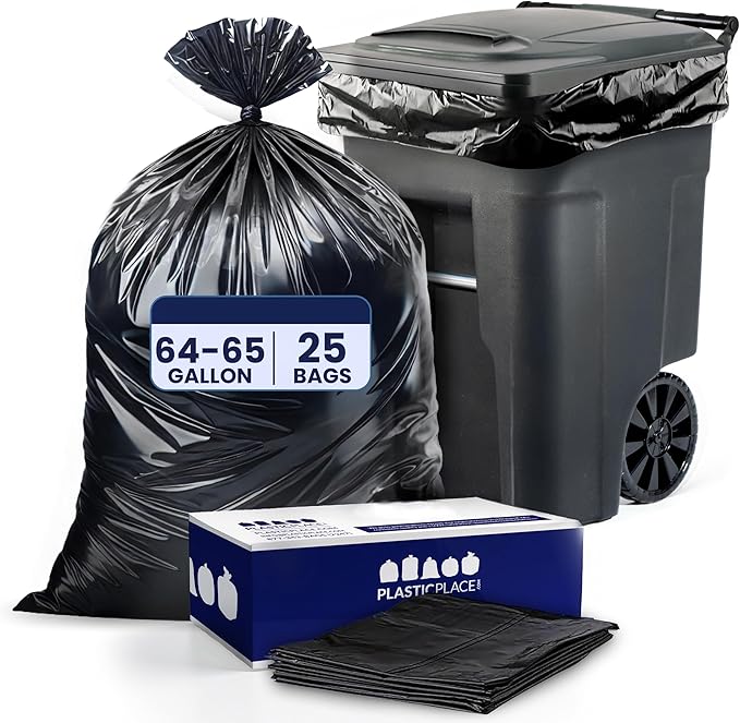 Plasticplace 64-65 Gallon Trash Can Liners for Toter │ 3.0 Mil │ Black Heavy Duty Garbage Bags │ 50” x 60” (25 Count)W65LDBTL3
