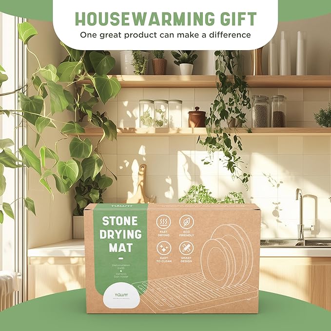 NIUM Stone Drying Mat for Kitchen Counter &amp Bamboo Rack - 16″x12″ - Diatomaceous Earth Dish drying mat Ultra Absorbent &amp Fast Drying - EcoFriendly with Non-Slip Pads &amp Anti-Moisture Design