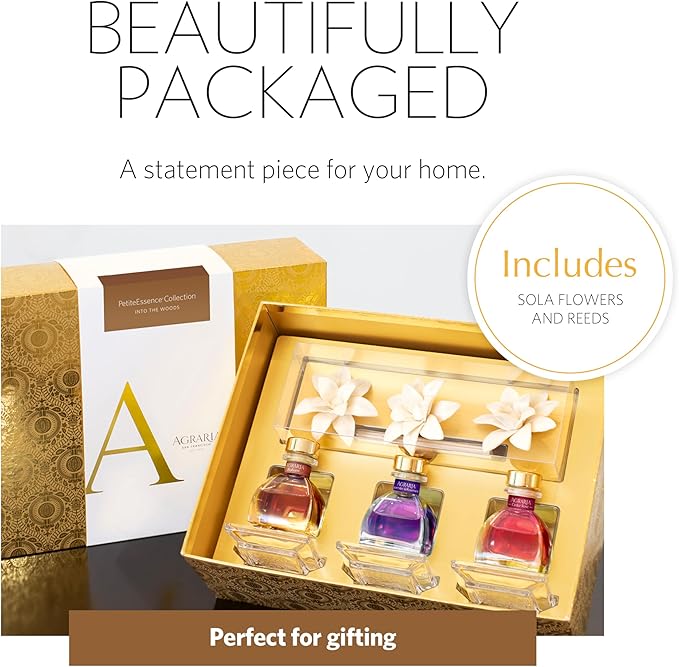 AGRARIA Into The Woods PetiteEssence Collection Handmade Sola Flower Reed Diffuser Set of 3 Luxury Home Fragrance Scented Oil Diffuser Gift Set