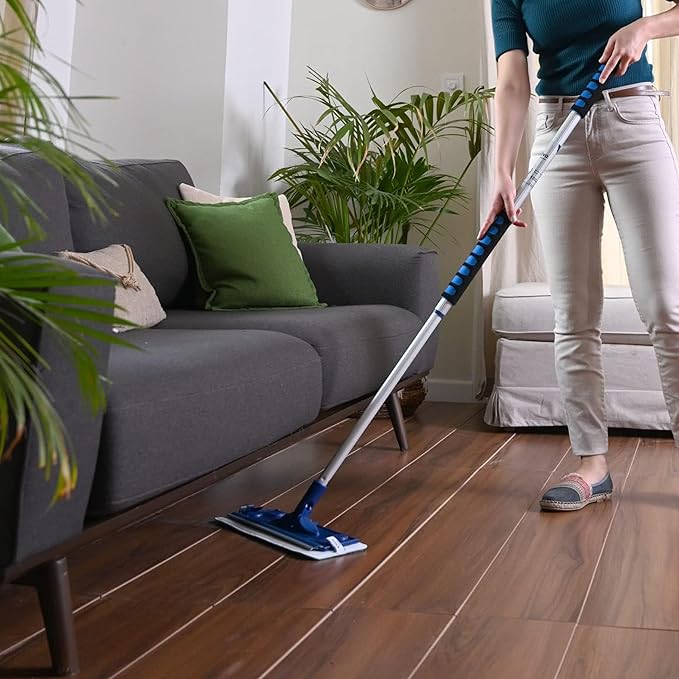 Silva Microfiber Mop Set with Reusable Microfiber Pads (Wet/Dry/Wall) | 360 Rotating Mop Head | Sturdy Extra Long Adjustable Metal Pole | Ergonomic Soft-Sponge Handle | Blue | Floor Wall Tile